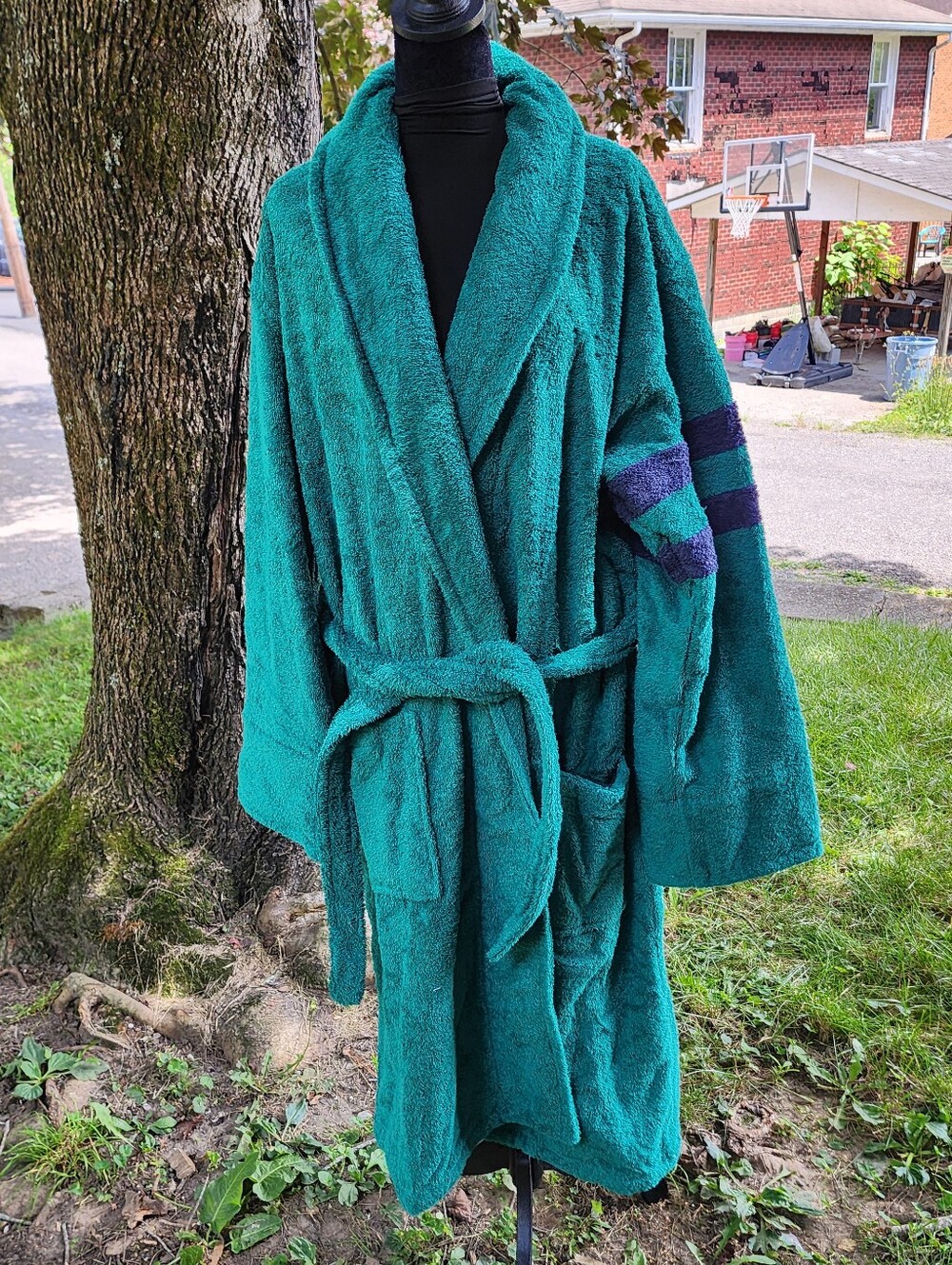 LANDS' END Green Men's Turkish Terry Belt Bath Robe L Pockets 100% Cotton